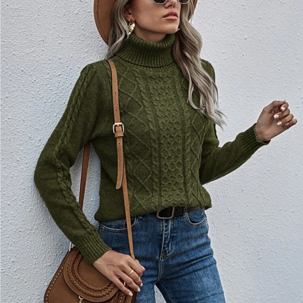 SHEIN Army Green Cable Knit Turtleneck Sweater